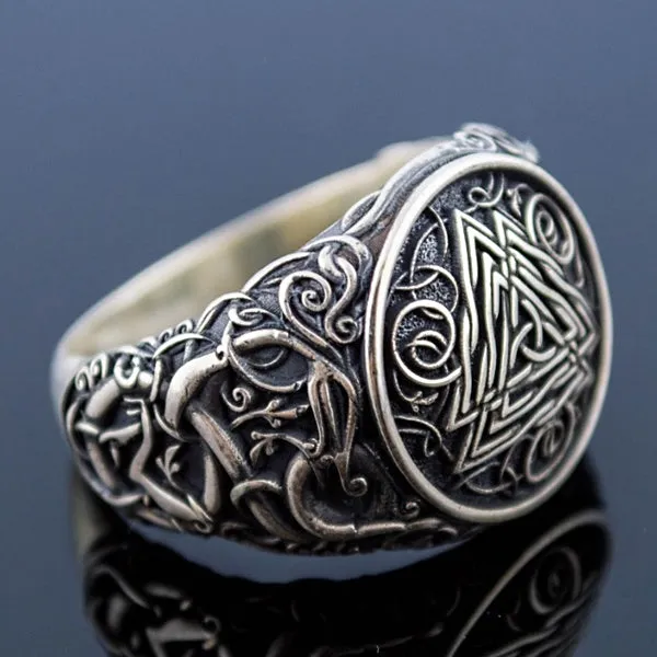 Valknut and Serpent Ring - Sterling Silver