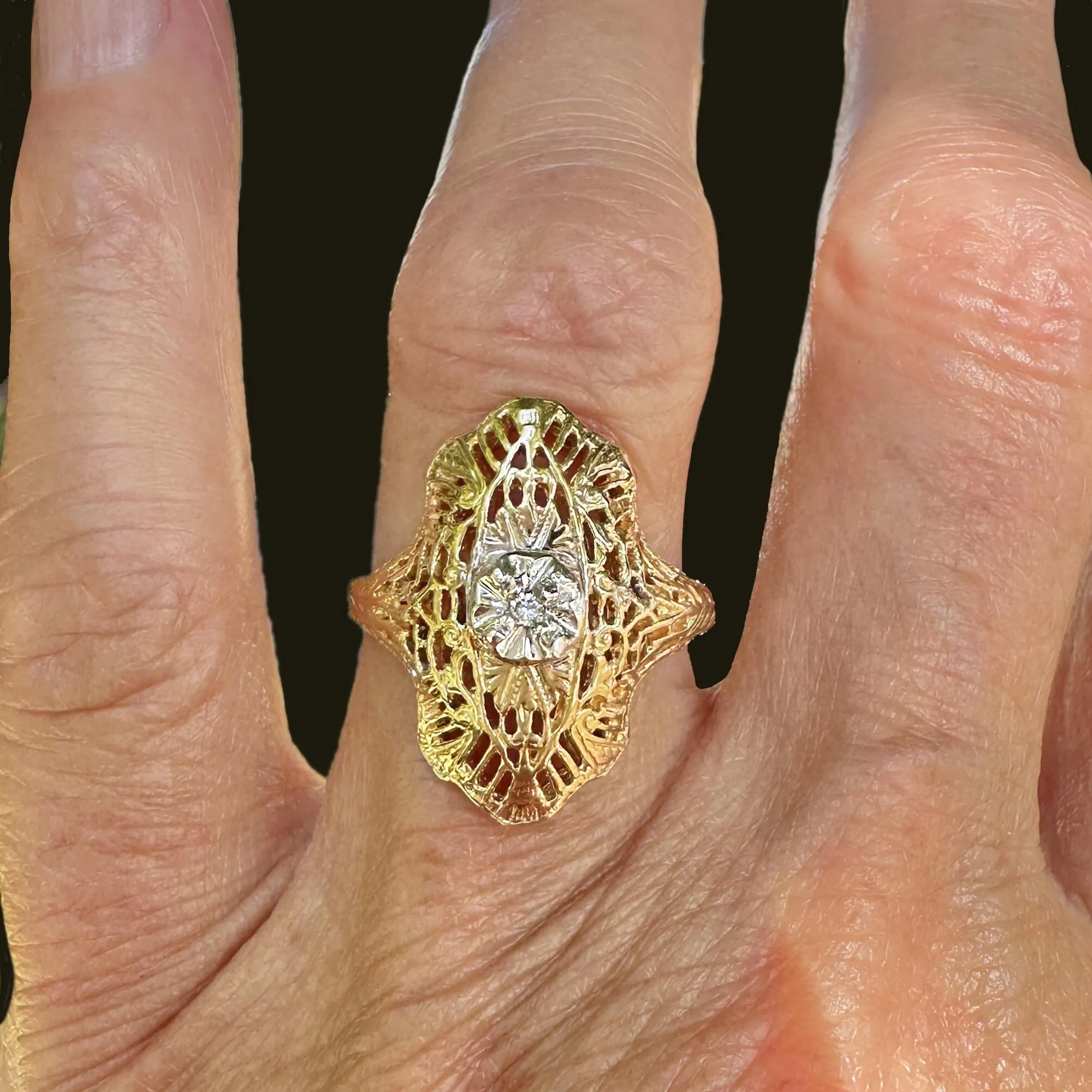 Vintage 10K Gold Filigree Diamond Shield Ring, Art Deco