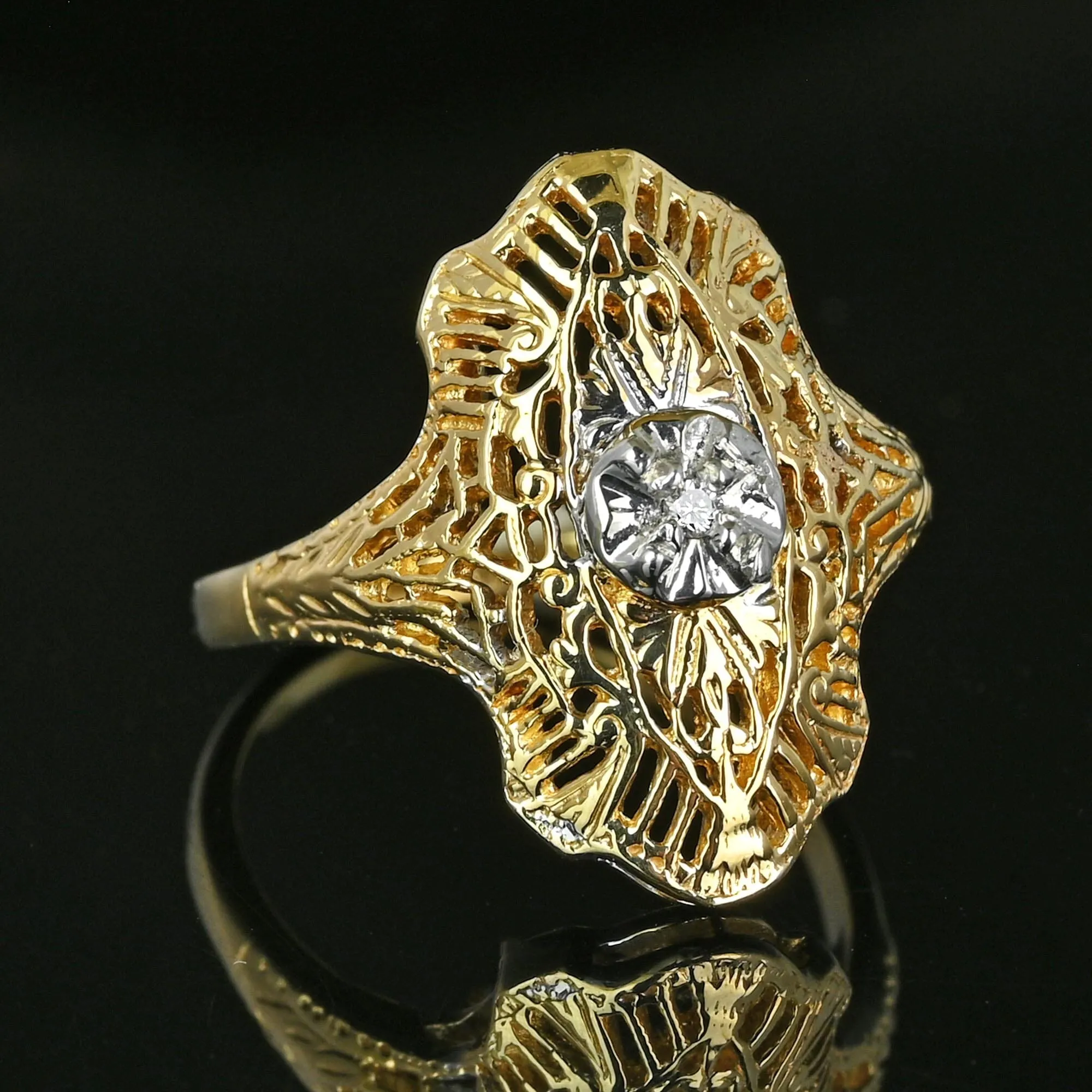 Vintage 10K Gold Filigree Diamond Shield Ring, Art Deco