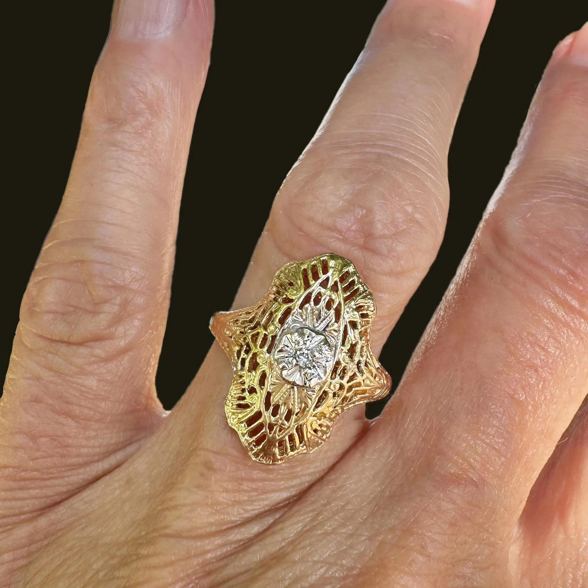 Vintage 10K Gold Filigree Diamond Shield Ring, Art Deco