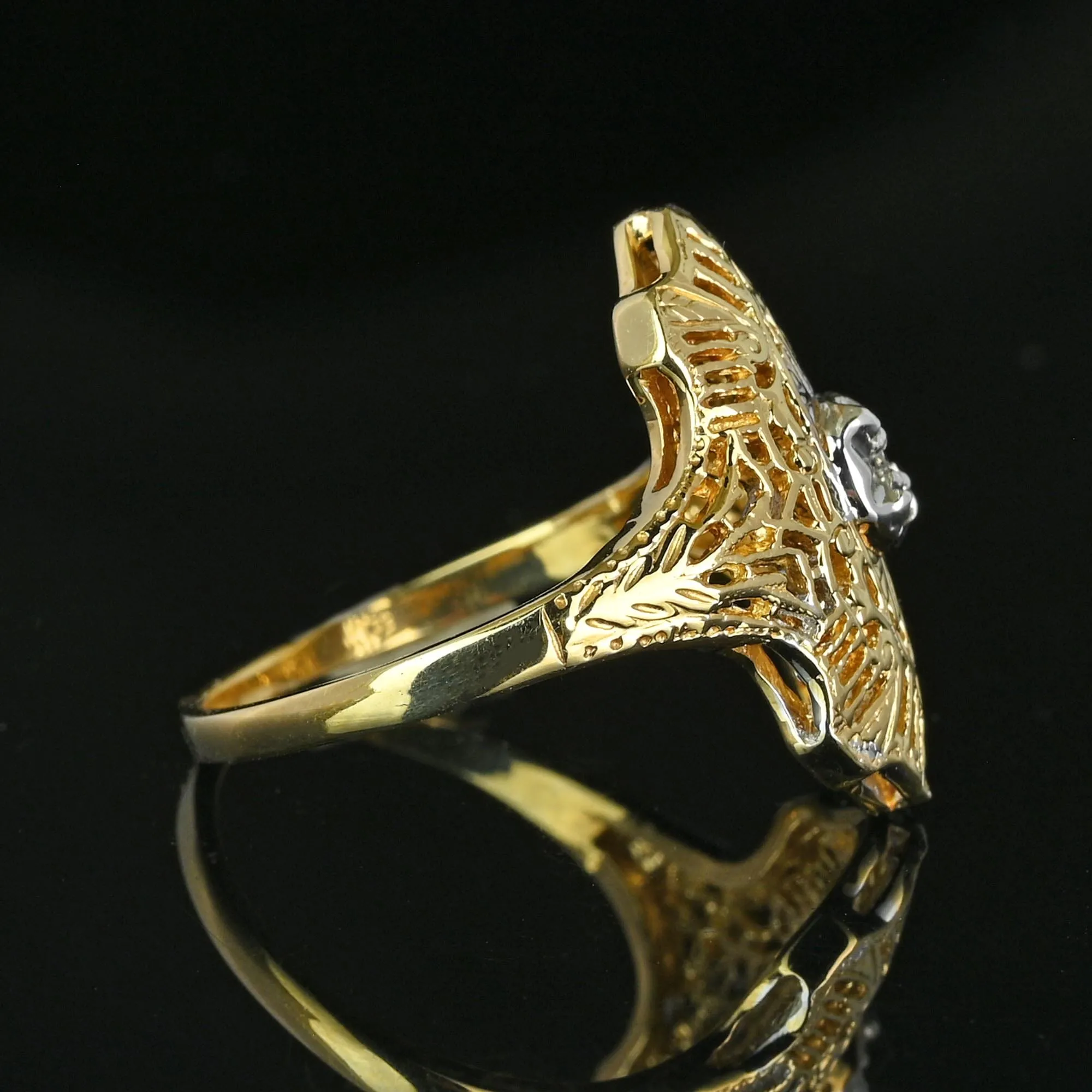 Vintage 10K Gold Filigree Diamond Shield Ring, Art Deco