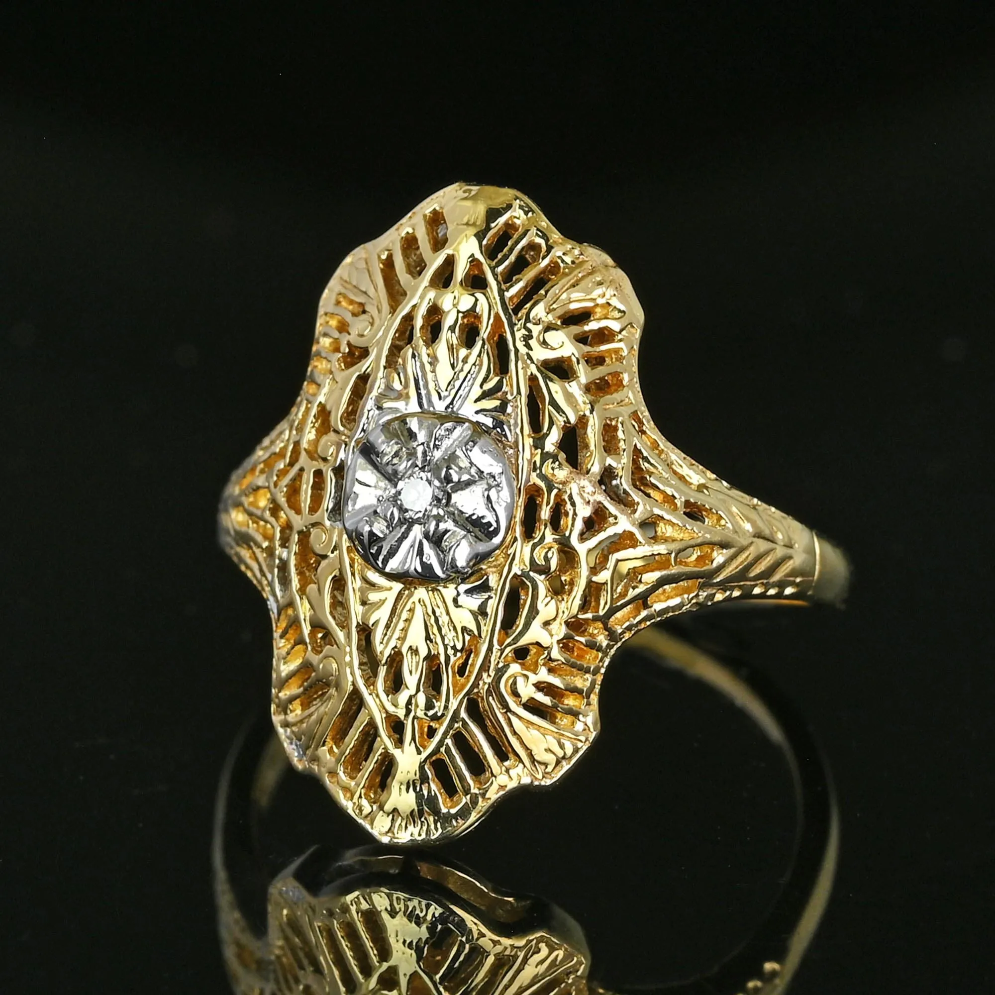 Vintage 10K Gold Filigree Diamond Shield Ring, Art Deco