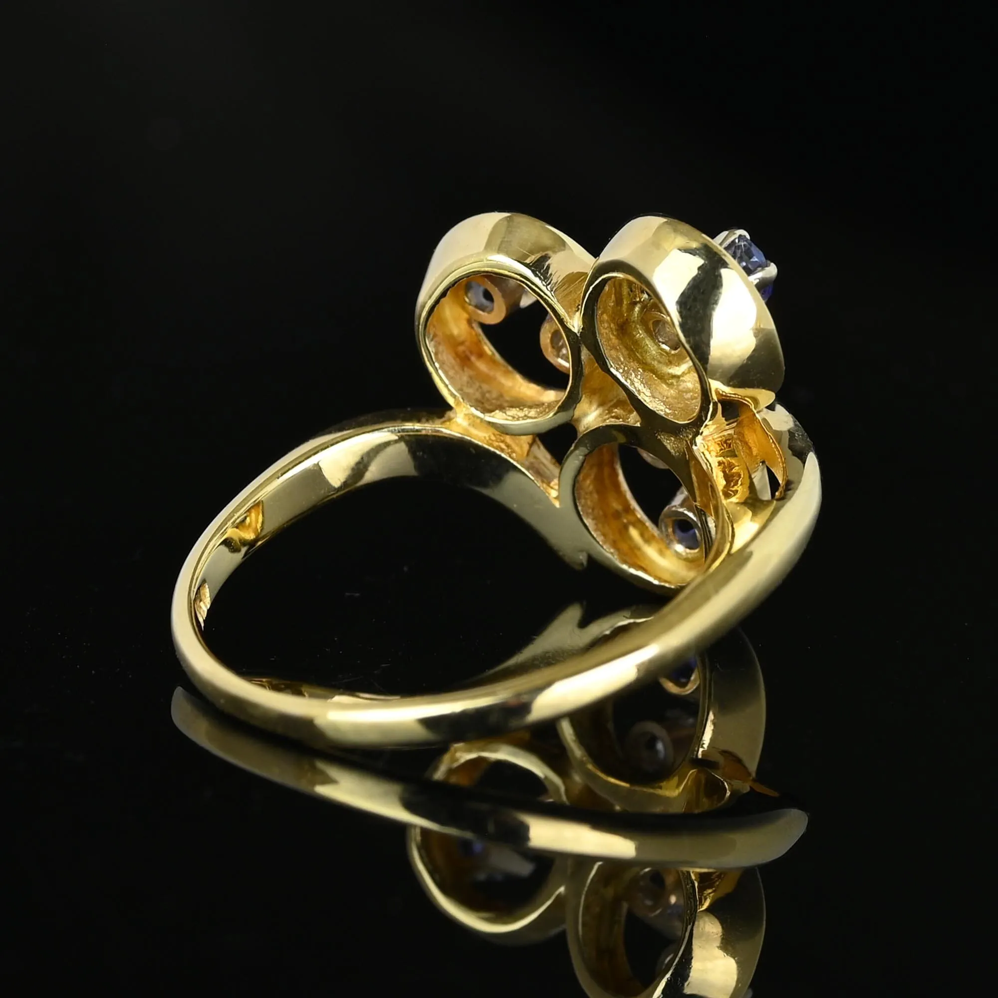 Vintage 14K Gold Diamond Sapphire Three Leaf Clover Ring
