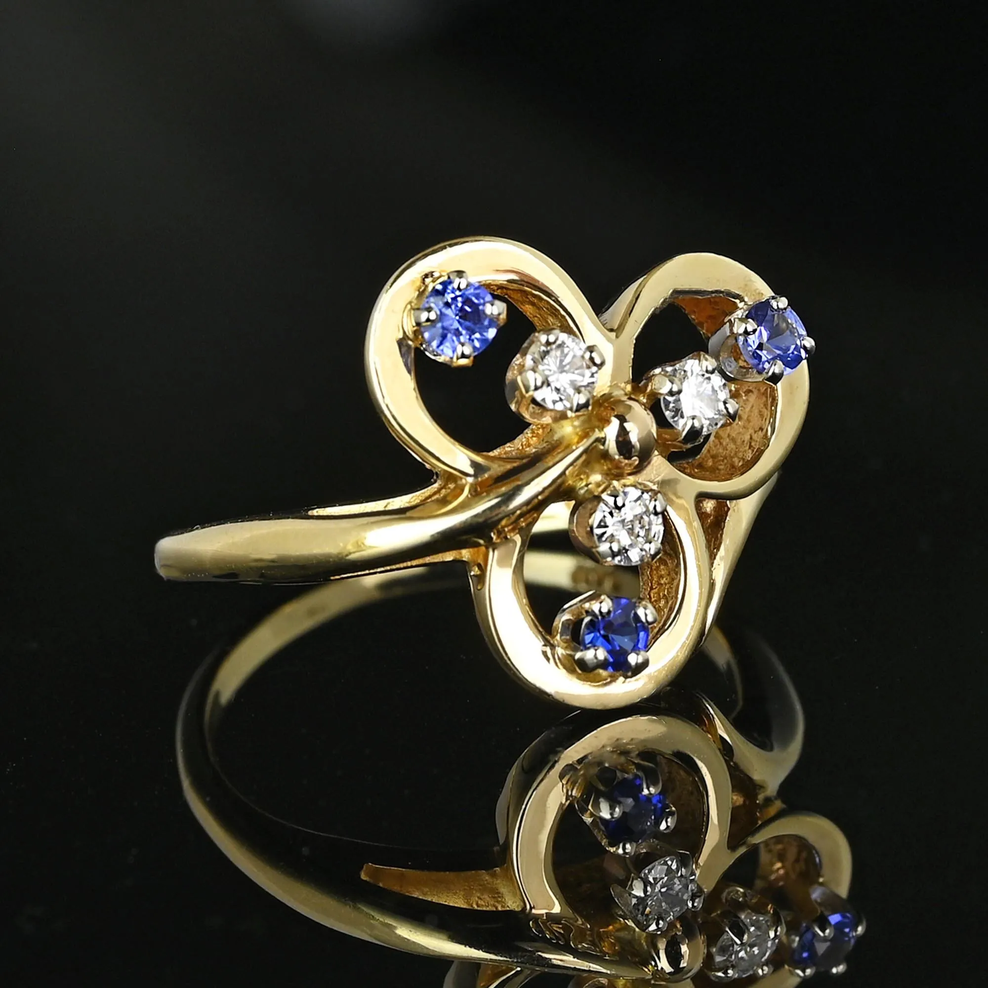 Vintage 14K Gold Diamond Sapphire Three Leaf Clover Ring