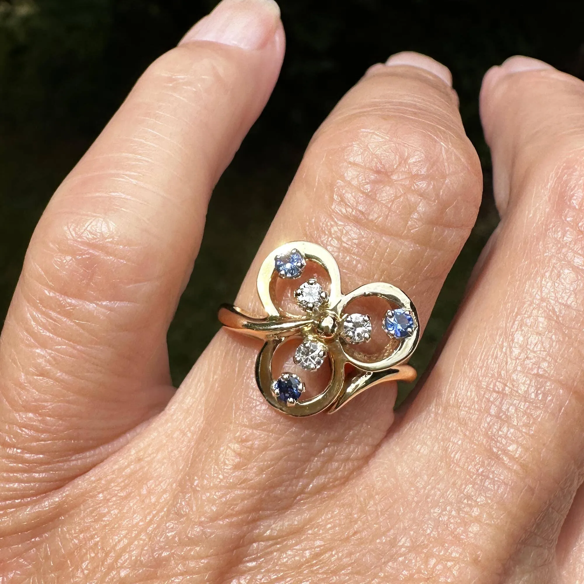 Vintage 14K Gold Diamond Sapphire Three Leaf Clover Ring