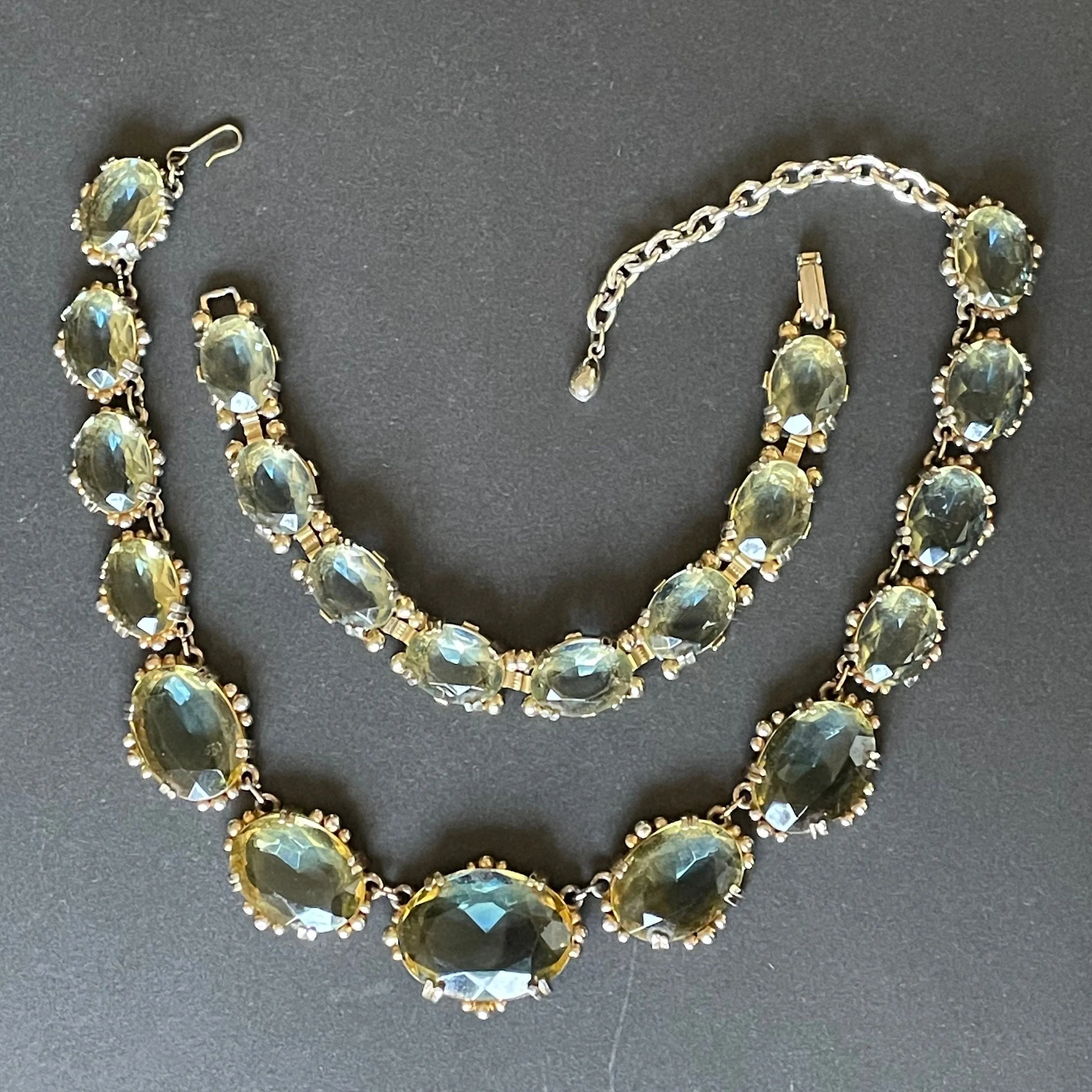 Vintage bi-colour citrine yellow & sapphire blue large crystal riviere necklace and bracelet set, by Sphinx