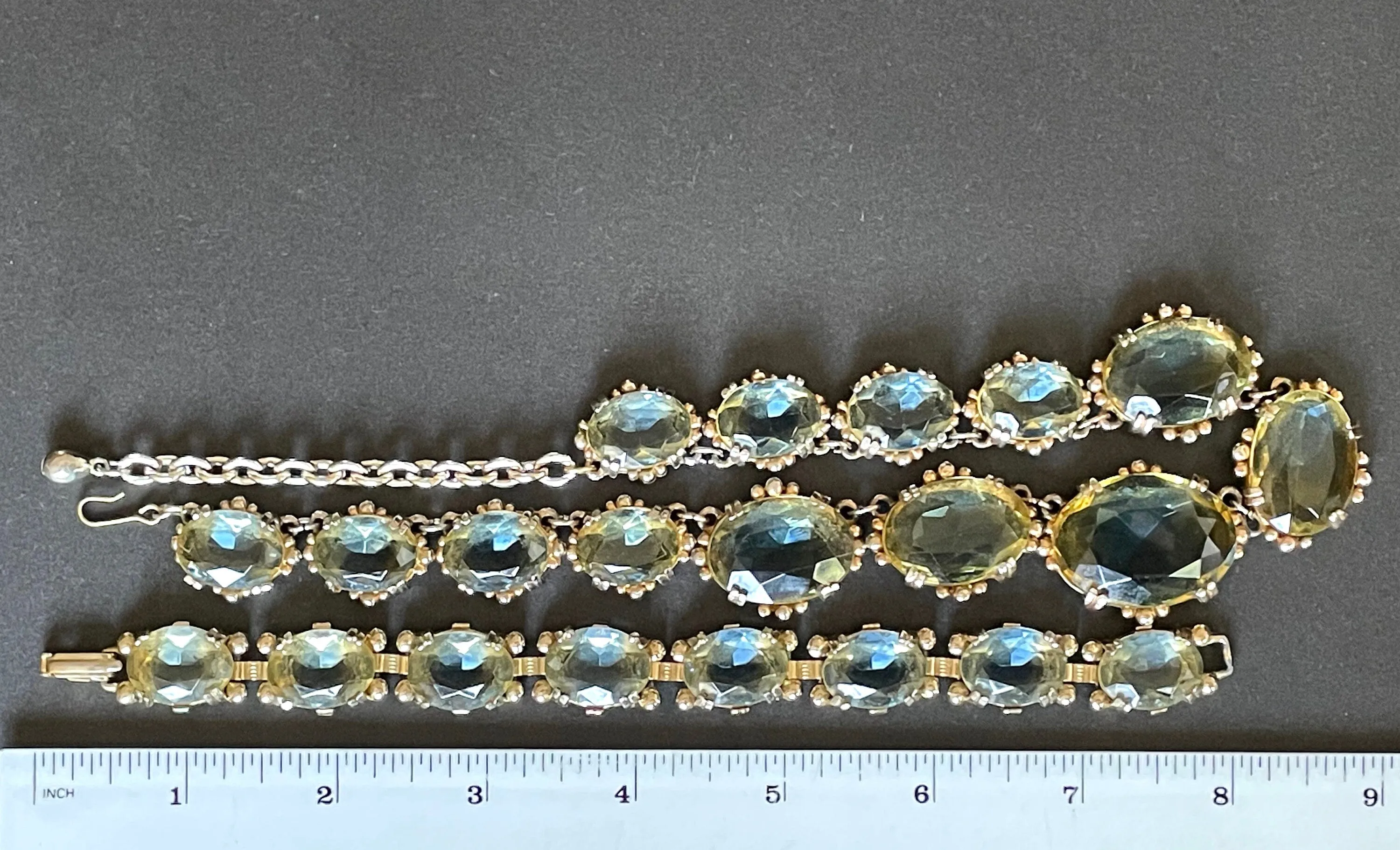 Vintage bi-colour citrine yellow & sapphire blue large crystal riviere necklace and bracelet set, by Sphinx