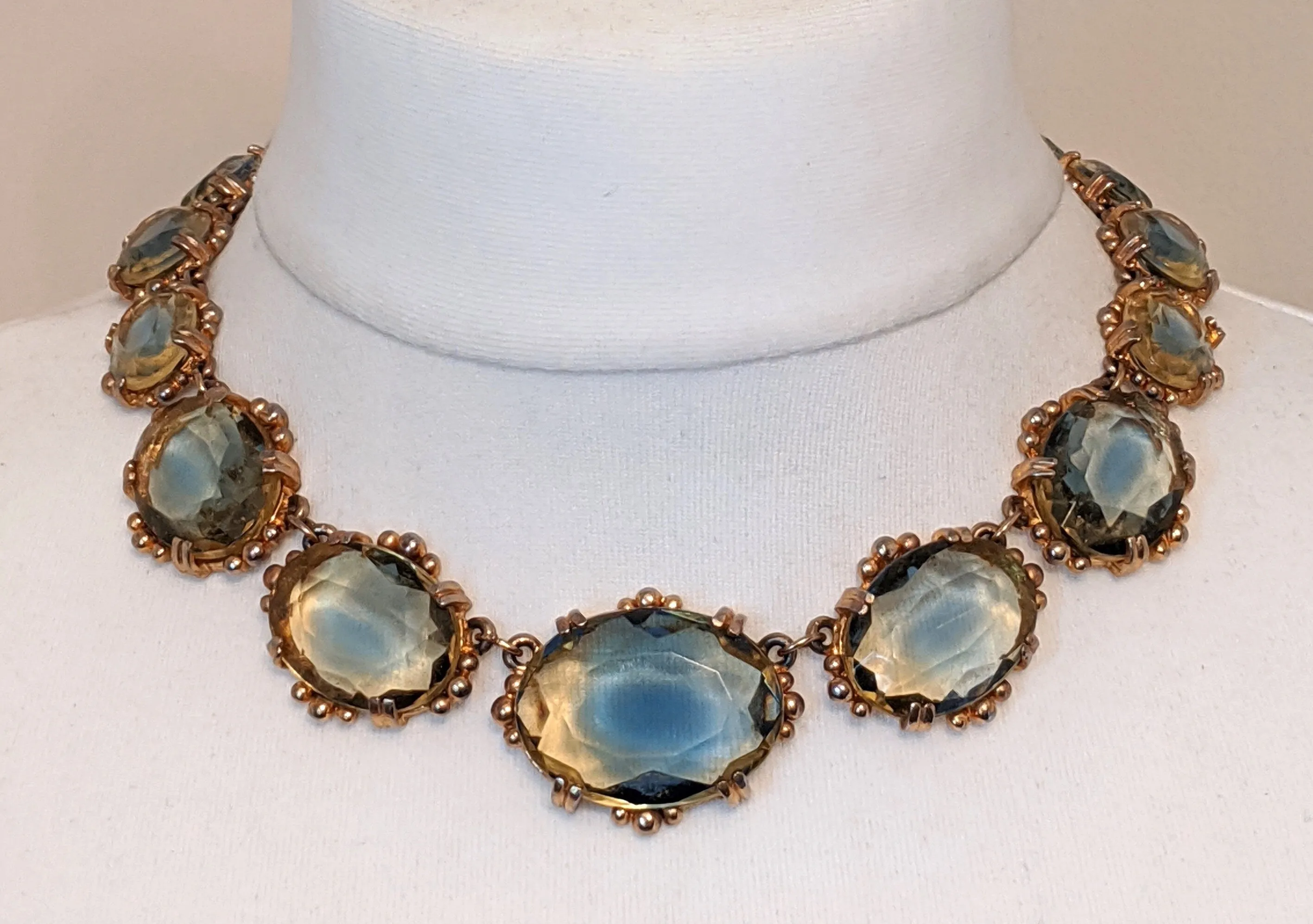 Vintage bi-colour citrine yellow & sapphire blue large crystal riviere necklace and bracelet set, by Sphinx