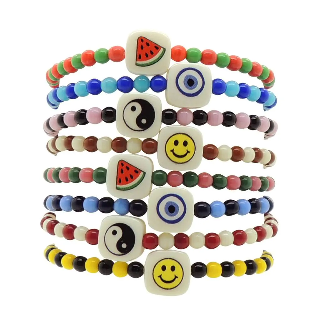 Watermelon Chiclet Charm Two Tone Glass Bead Bracelet